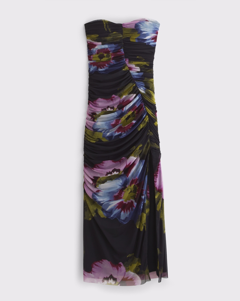 Strapless Ruched Mesh Maxi Dress