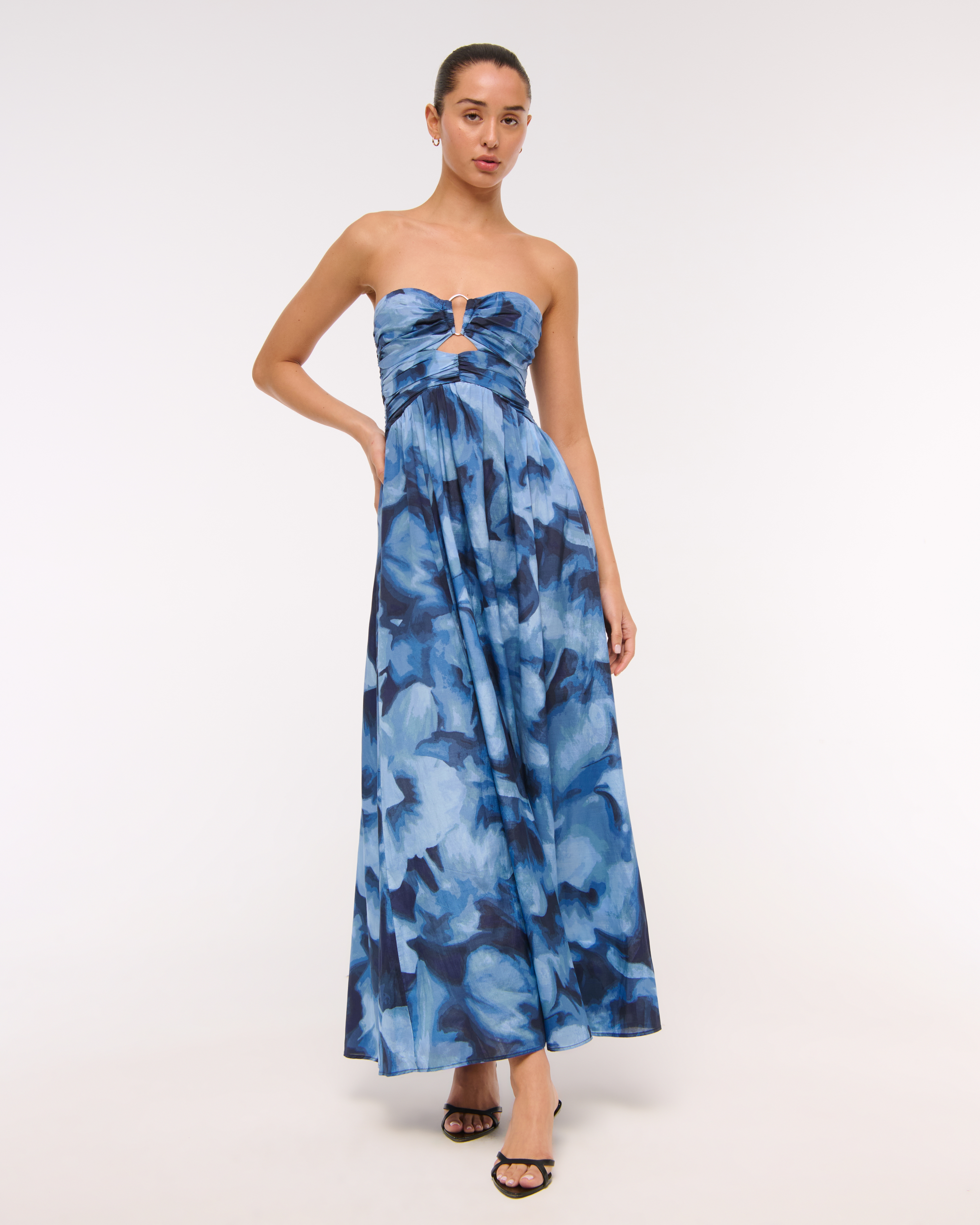 Abercrombie & Fitch Strapless Hardware Cutout Maxi Dress In Blue