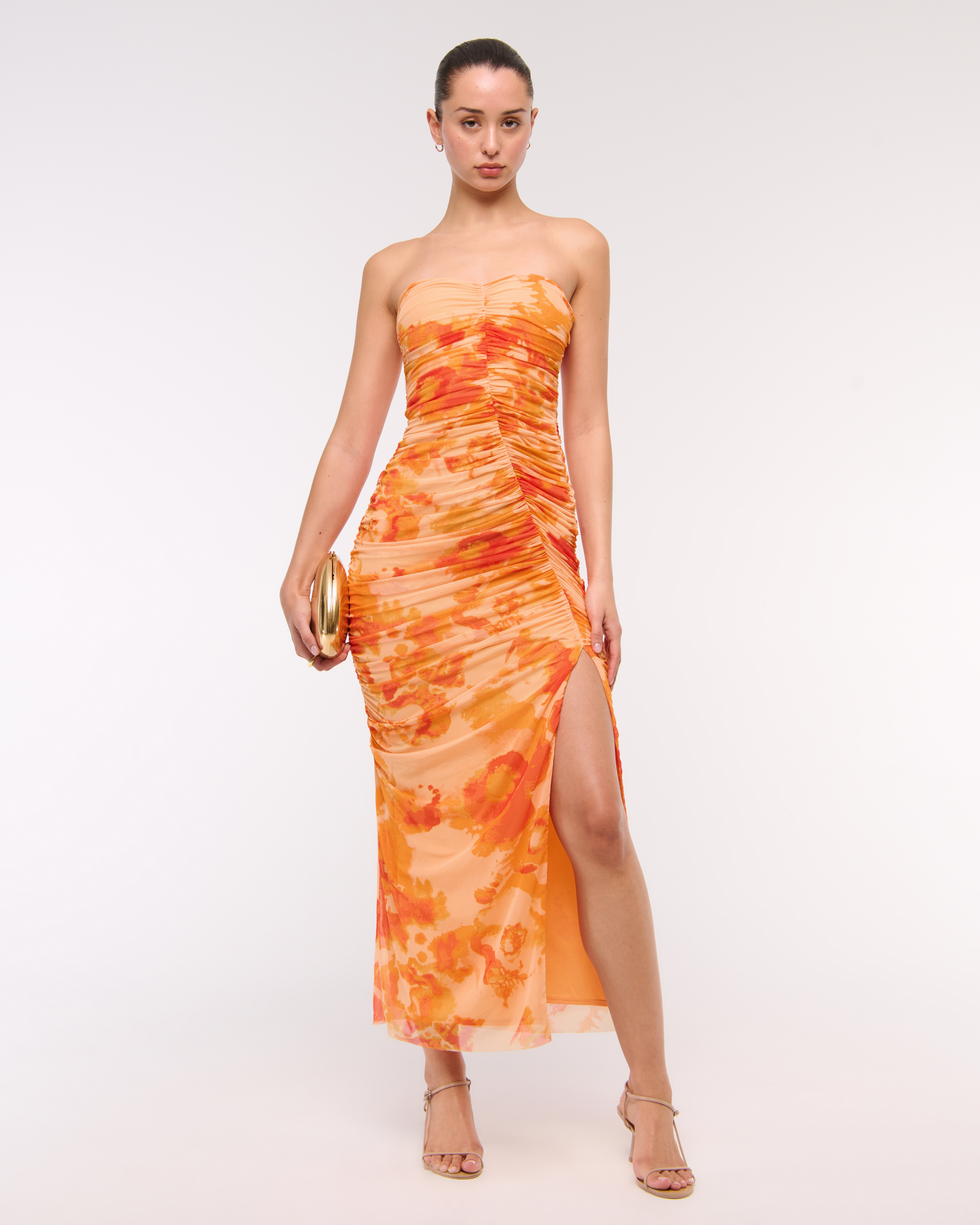 Abercrombie & Fitch Mesh Strapless Ruched Maxi Dress In Orange