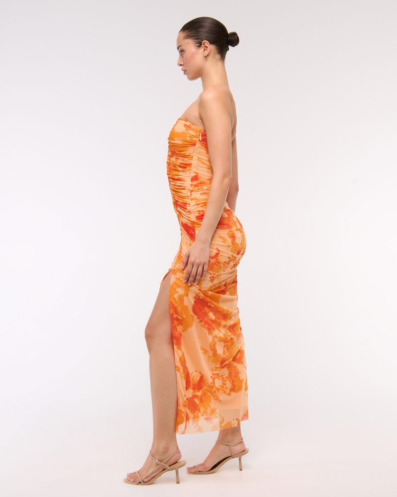 Mesh Strapless Ruched Maxi Dress