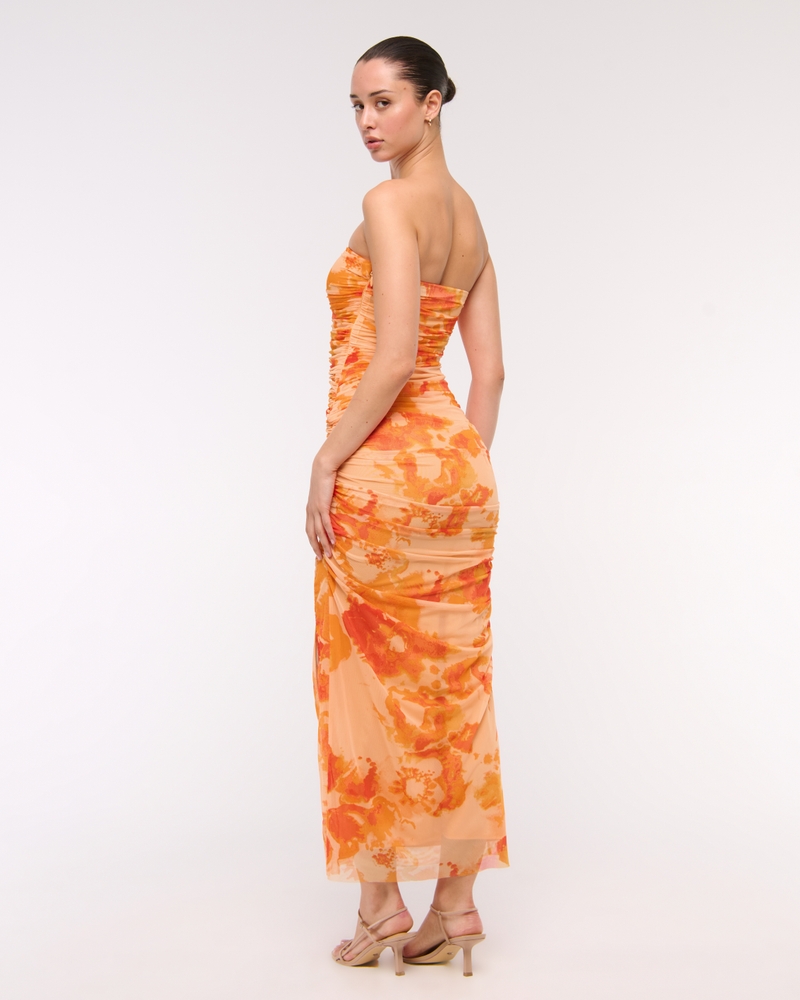 Mesh Strapless Ruched Maxi Dress
