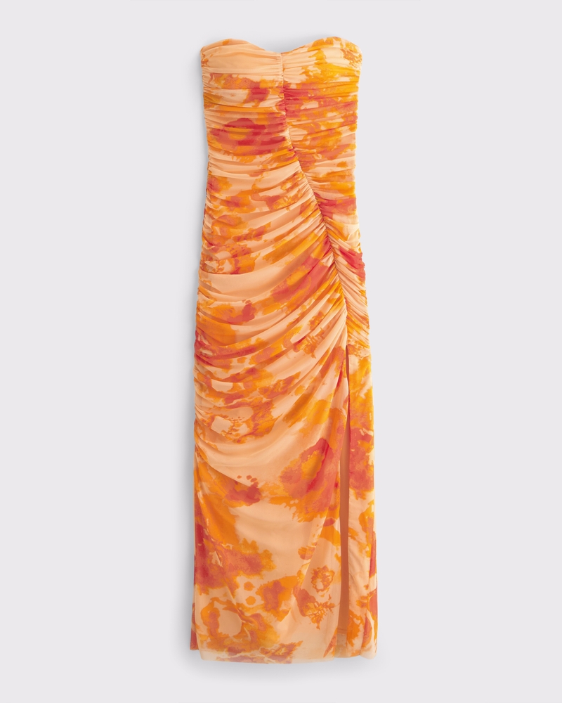 Mesh Strapless Ruched Maxi Dress