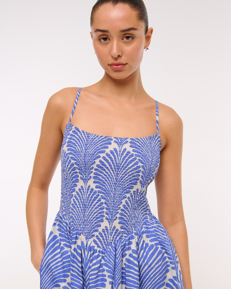 Dipped-Waist Smocked Midi Dress