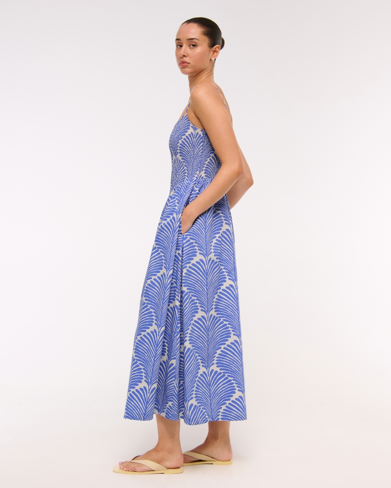 Dipped-Waist Smocked Midi Dress