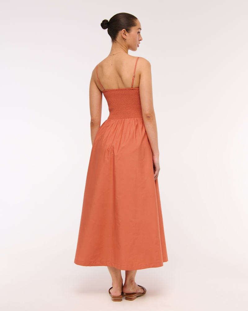 Dipped-Waist Smocked Midi Dress