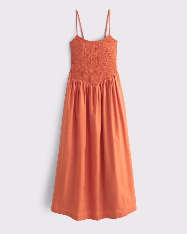 Dipped-Waist Smocked Midi Dress, Orange view 1