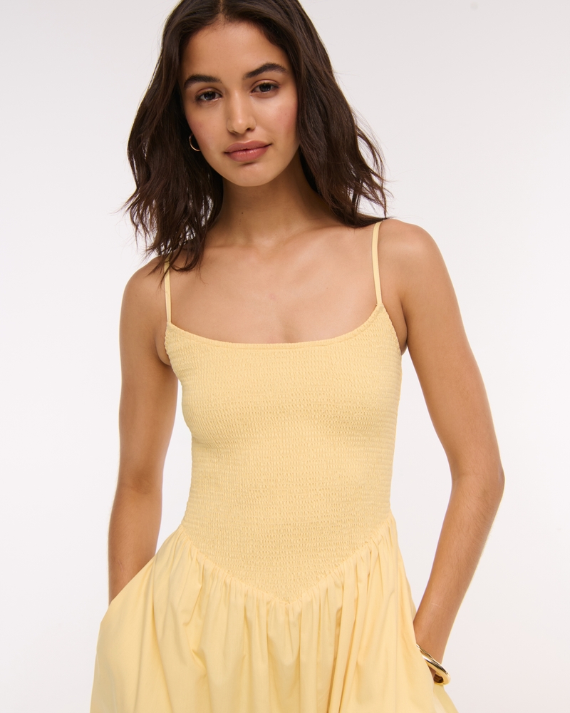 Dipped-Waist Smocked Midi Dress