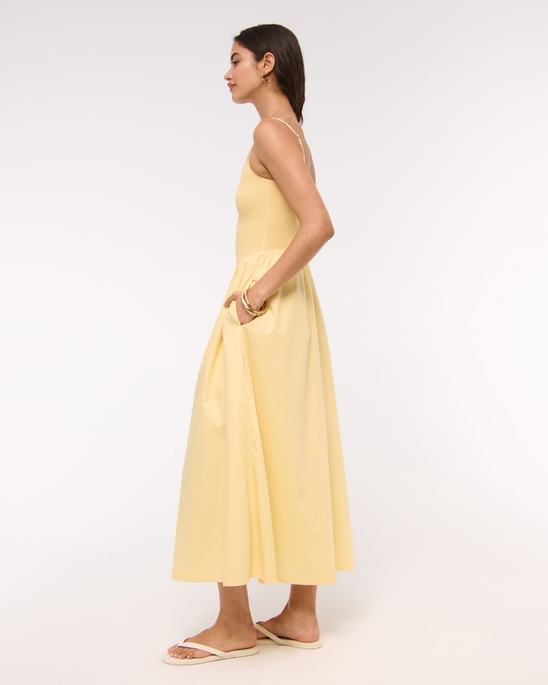 Dipped-Waist Smocked Midi Dress