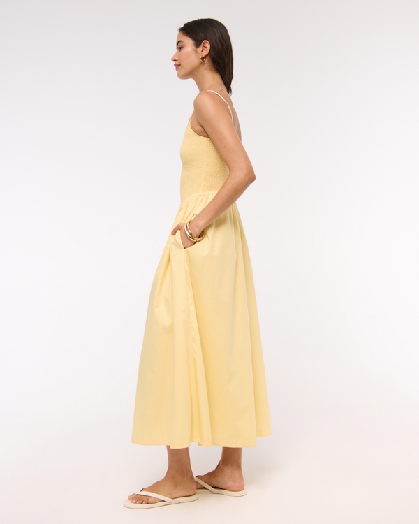 Dipped-Waist Smocked Midi Dress