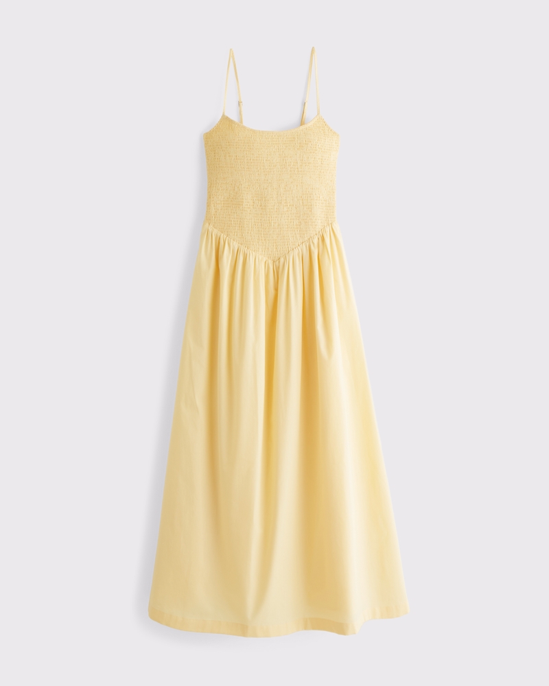 Dipped-Waist Smocked Midi Dress
