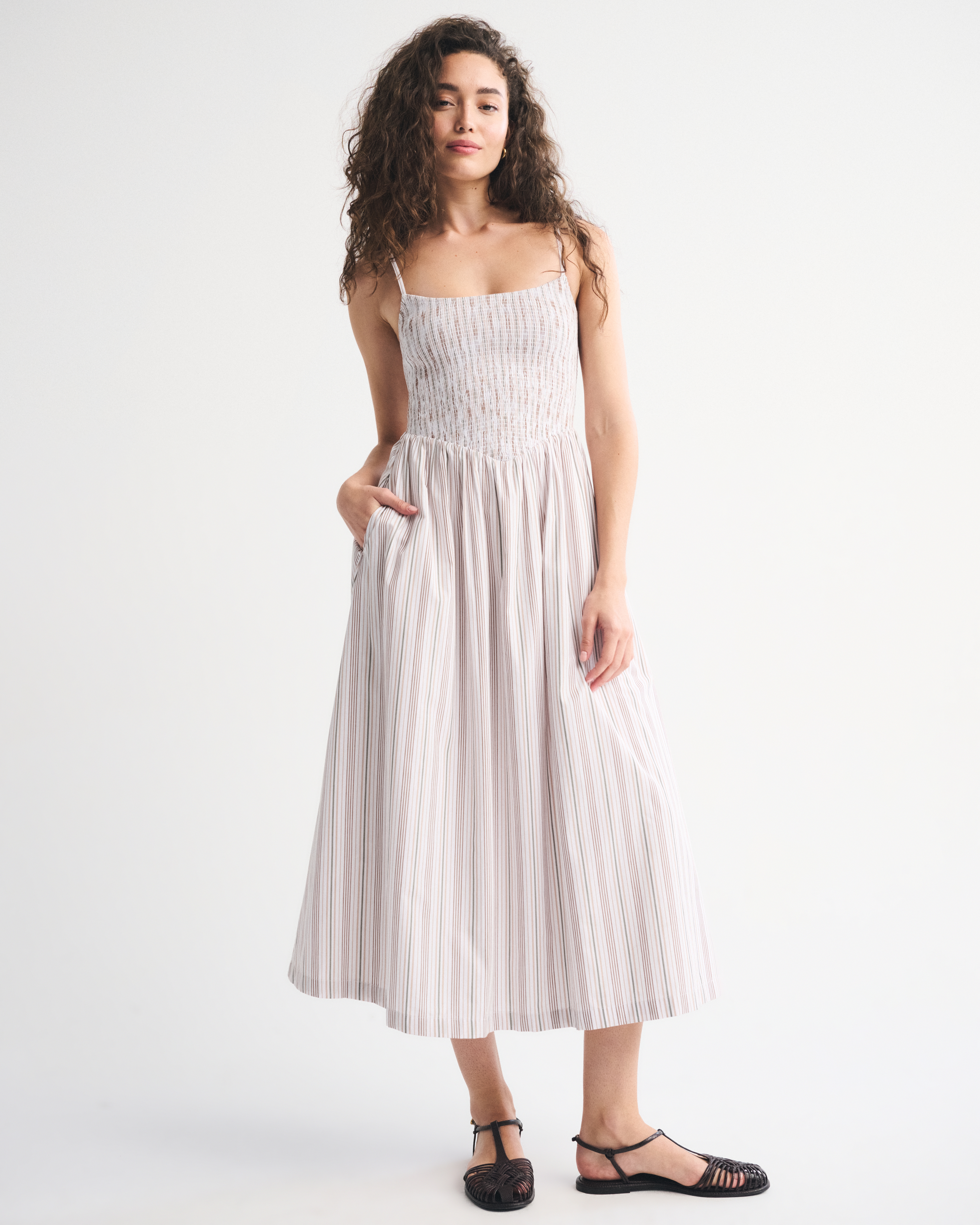 Abercrombie & Fitch Dipped-waist Smocked Midi Dress In White