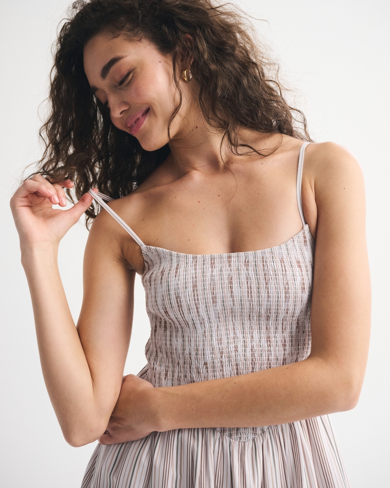 Dipped-Waist Smocked Midi Dress
