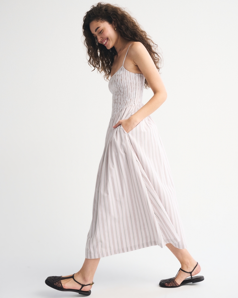 Dipped-Waist Smocked Midi Dress
