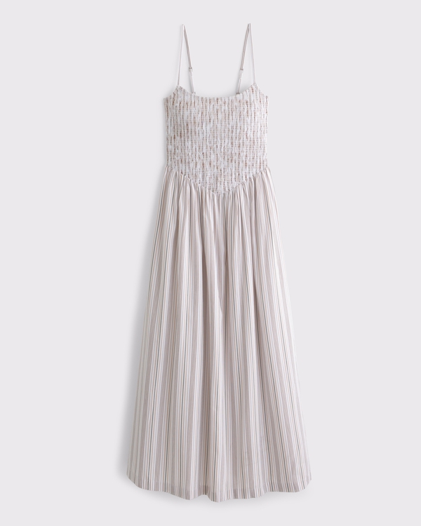 Dipped-Waist Smocked Midi Dress, White Stripe view 1