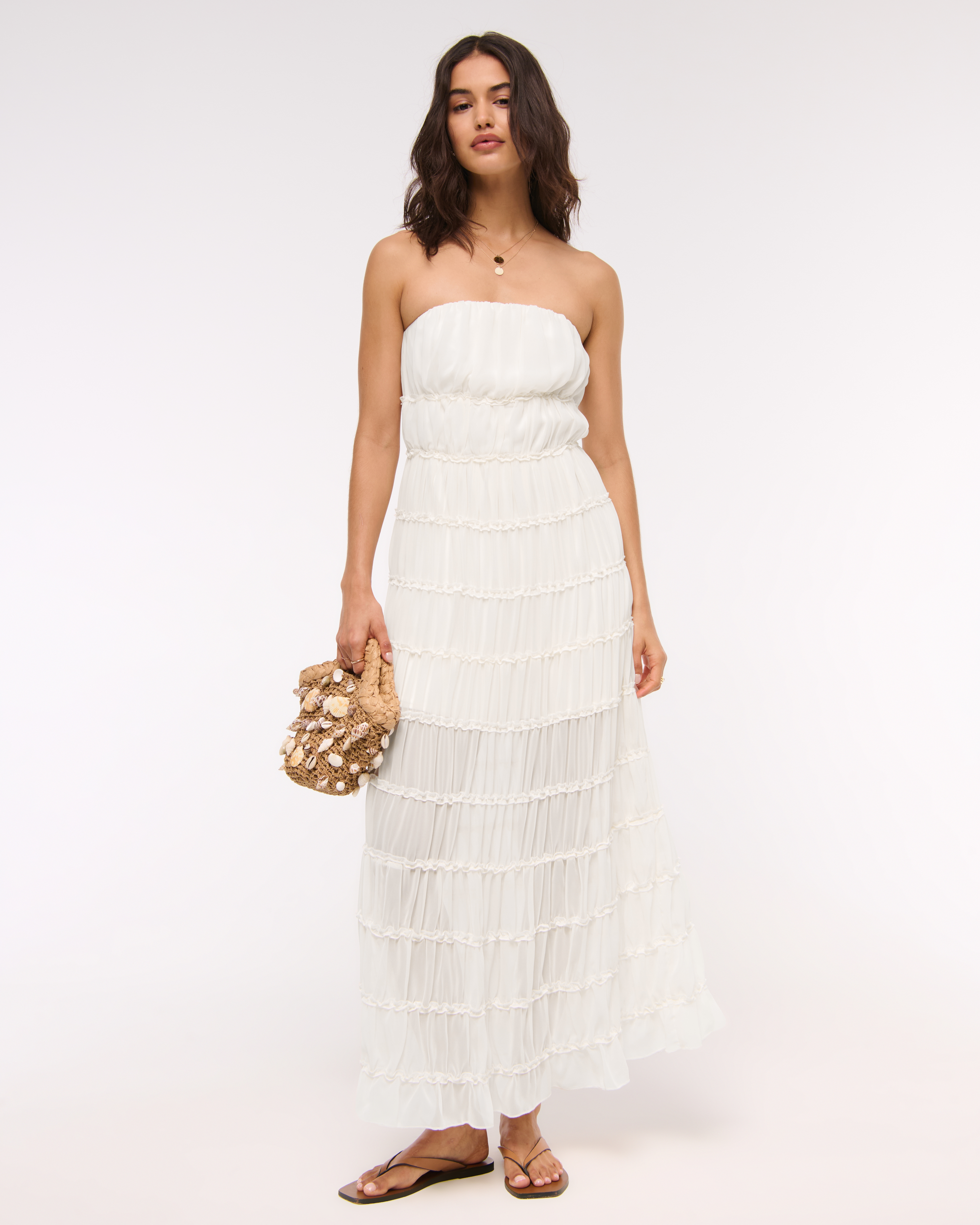 Abercrombie & Fitch Strapless Ruffle Maxi Dress In White