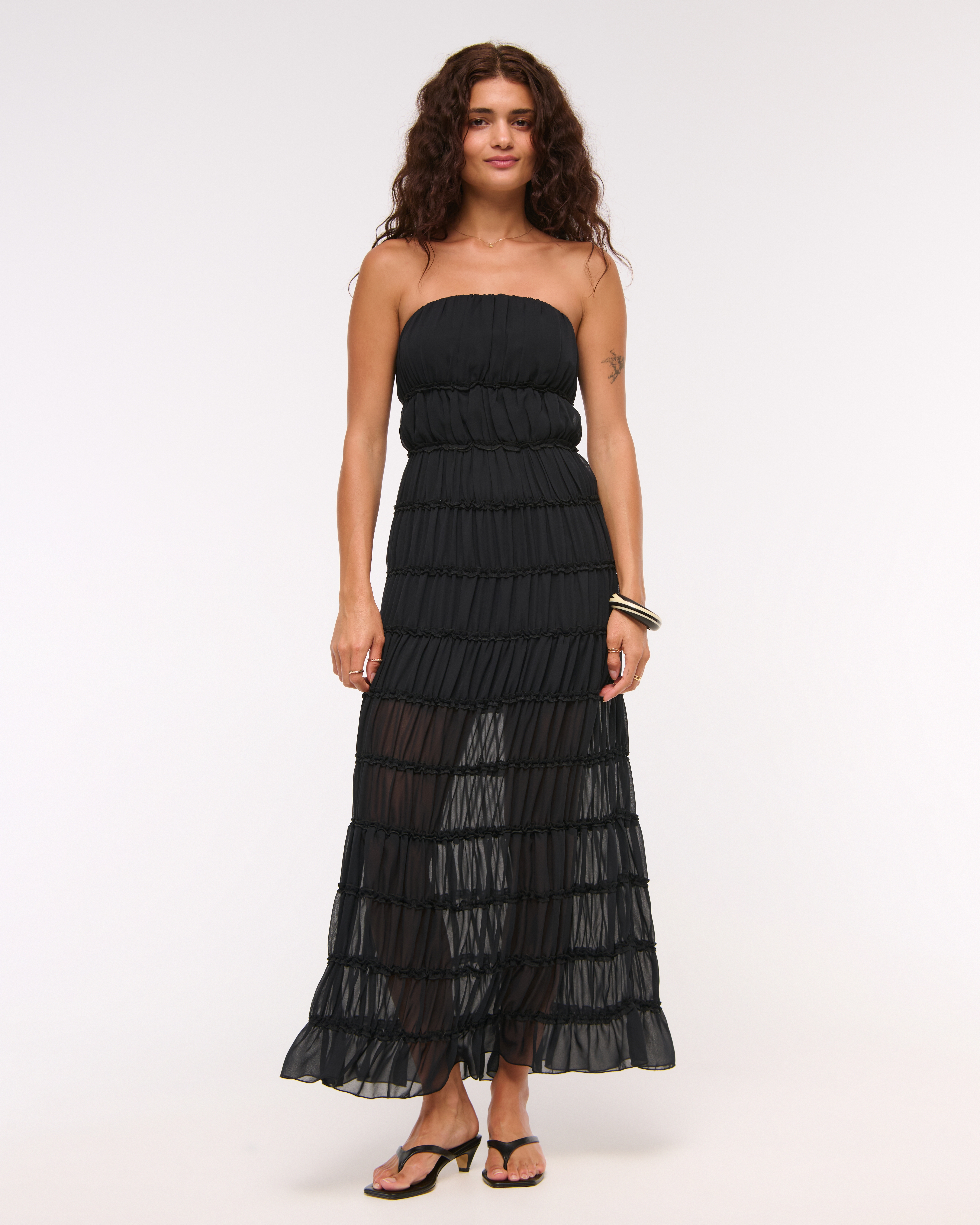 Abercrombie & Fitch Strapless Ruffle Maxi Dress In Black