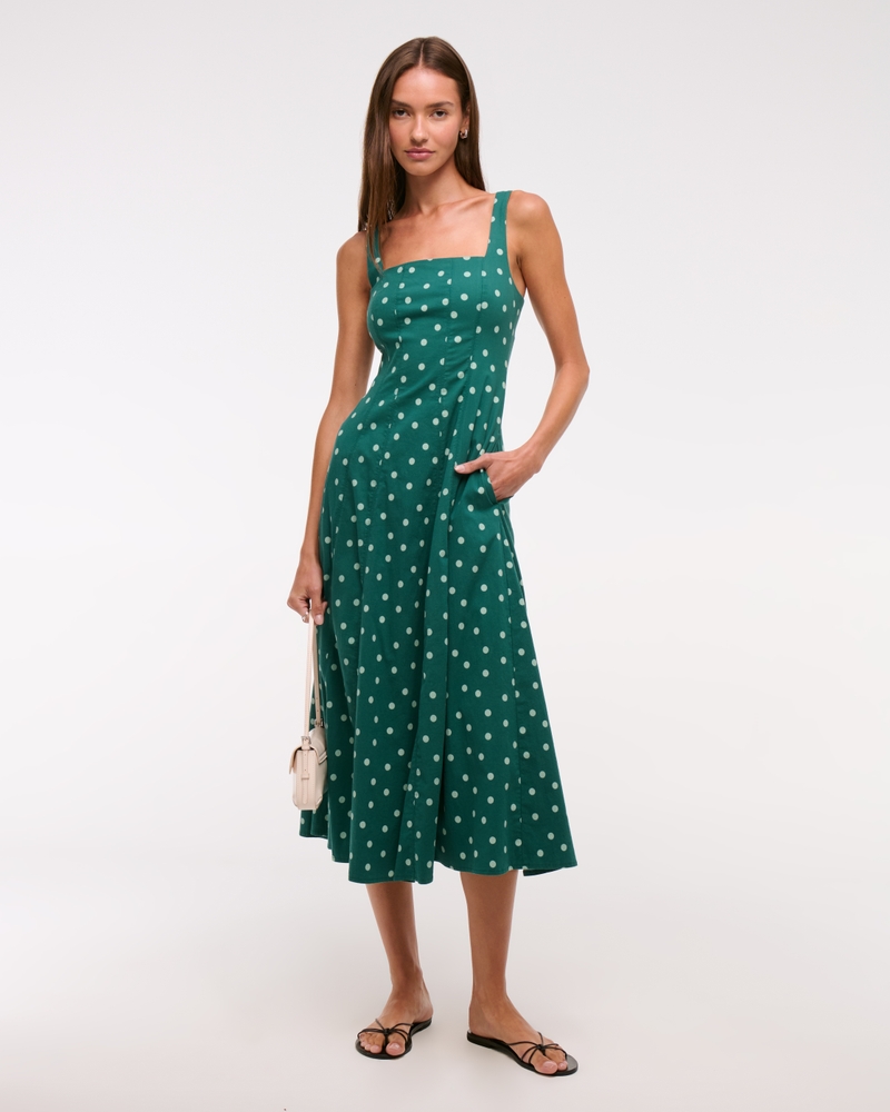 Dipped-Waist Scoopneck Midi Dress