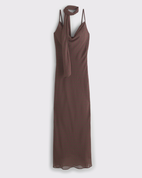 Women's The A&F Julia Slip Scarf Maxi Dress in Brown Dot | Size S TALL | Abercrombie & Fitch