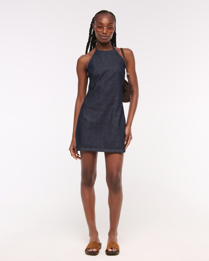 Open-Back Halter Denim Mini Dress