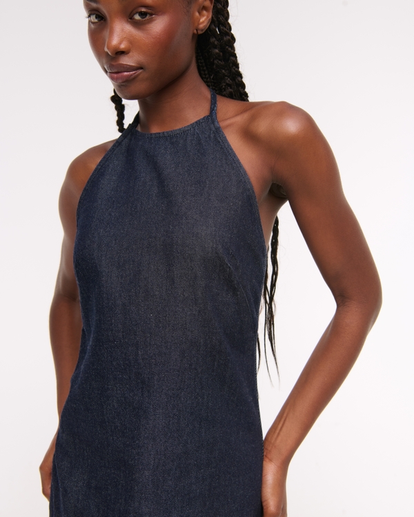 Open-Back Halter Denim Mini Dress