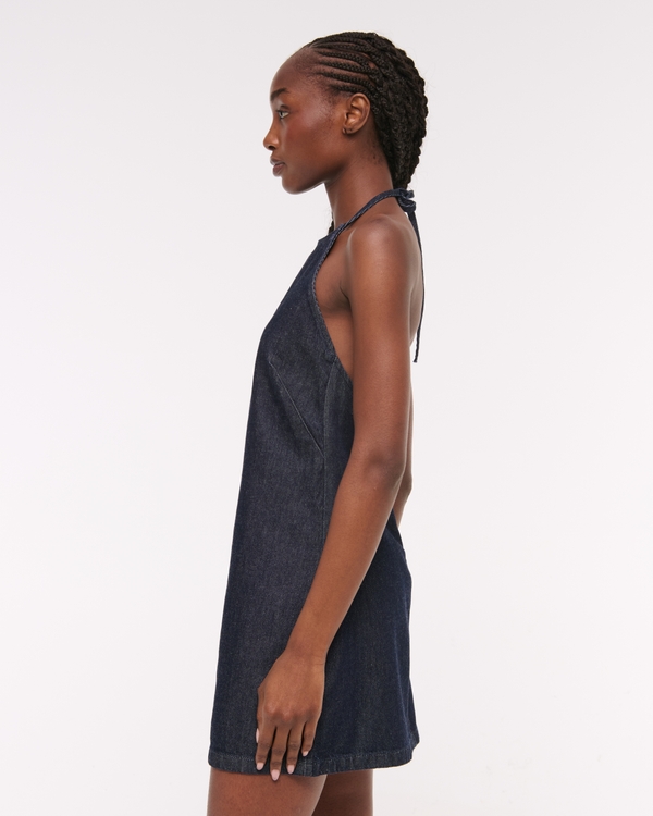 Open-Back Halter Denim Mini Dress