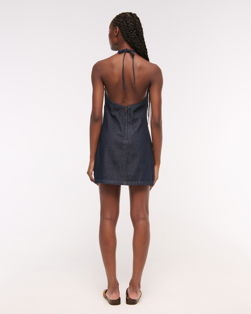 Open-Back Halter Denim Mini Dress