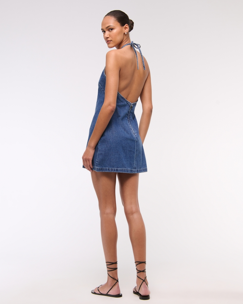 Open-Back Halter Denim Mini Dress
