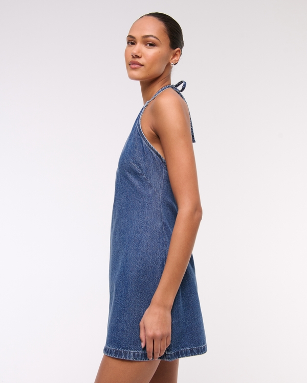 Open-Back Halter Denim Mini Dress