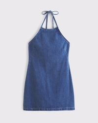 Open-Back Halter Denim Mini Dress