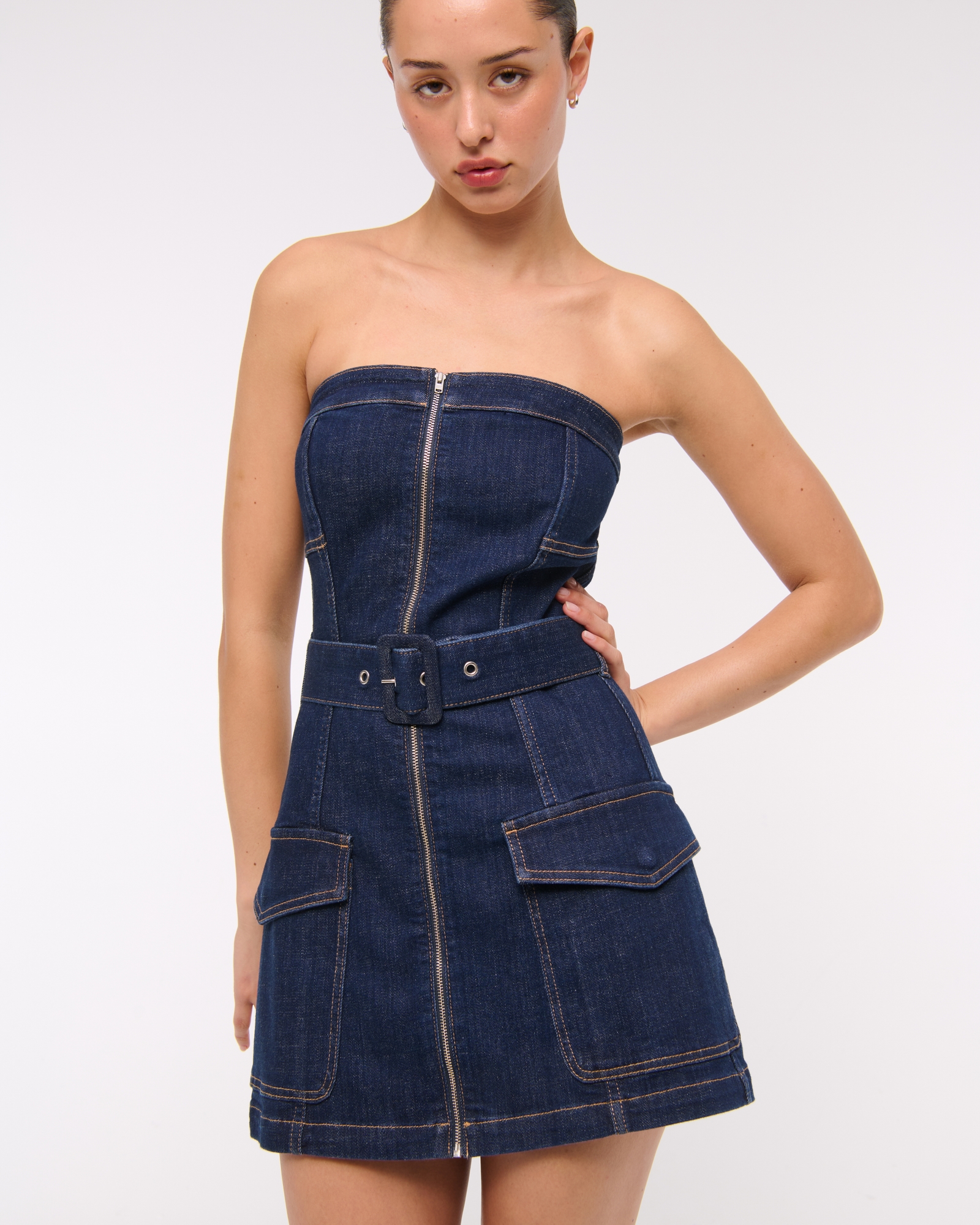 Strapless Belted Denim Mini Dress