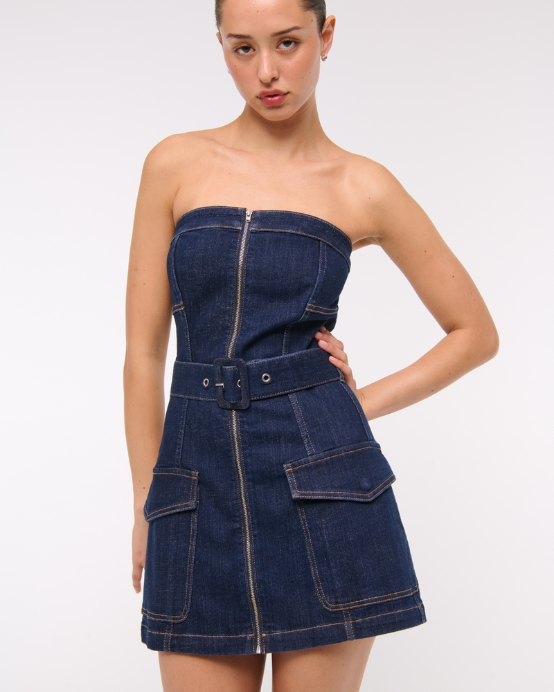 Strapless Belted Denim Mini Dress