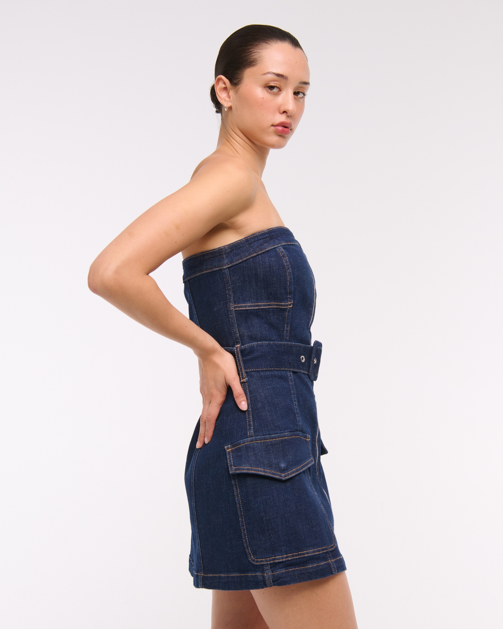 Strapless Belted Denim Mini Dress