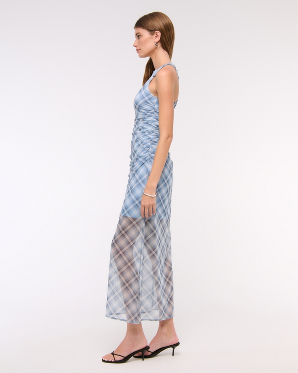 Women's Mesh Twisted Halter Midi Dress in Blue Plaid | Size XXS | Abercrombie & Fitch