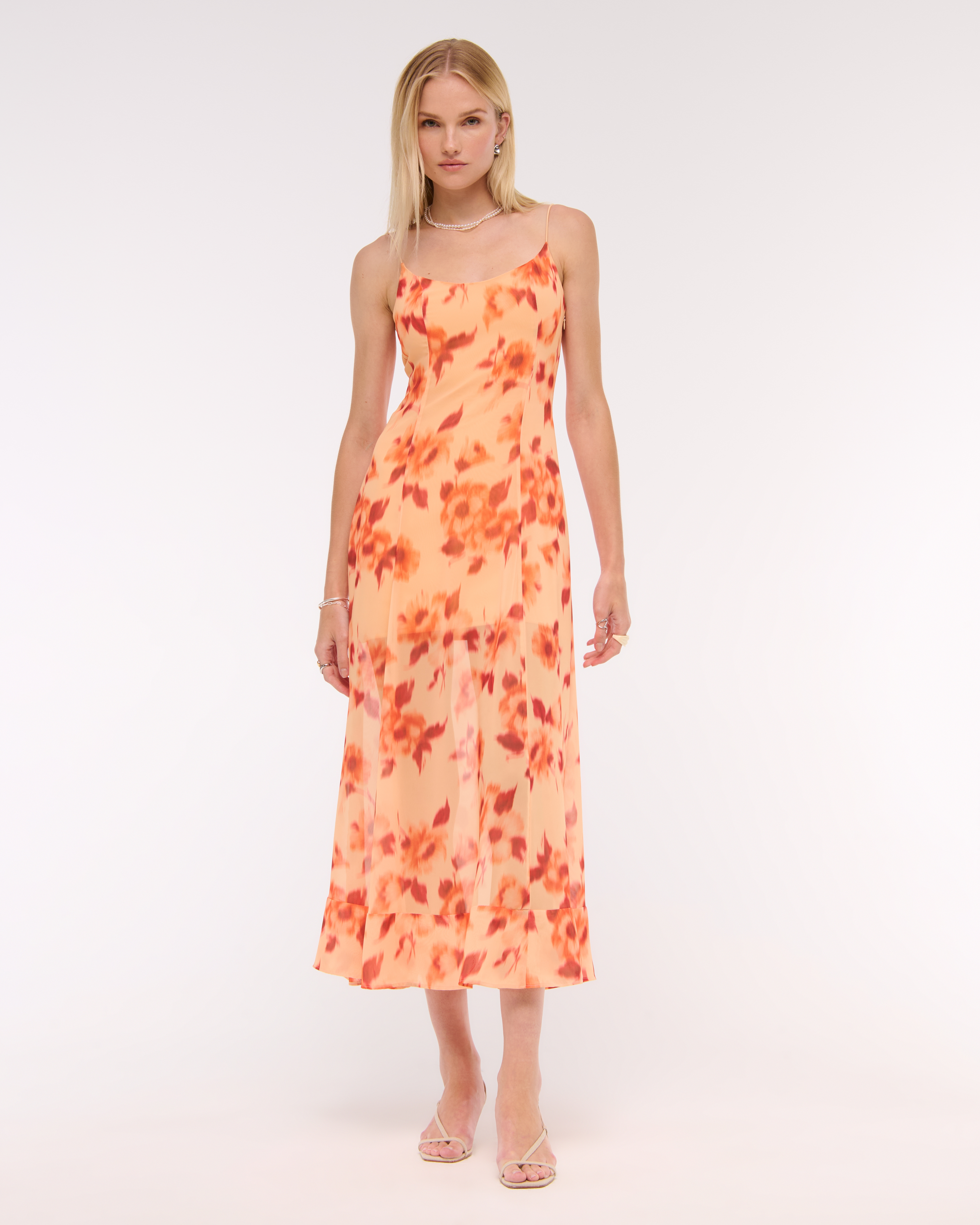 Abercrombie & Fitch Sheer Flowy Maxi Dress In Orange