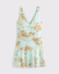 Bra-Free V-Neck Ruched Mesh Mini Dress