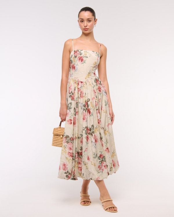 Dipped-Waist Bubble Hem Midi Dress, Cream Floral view 1