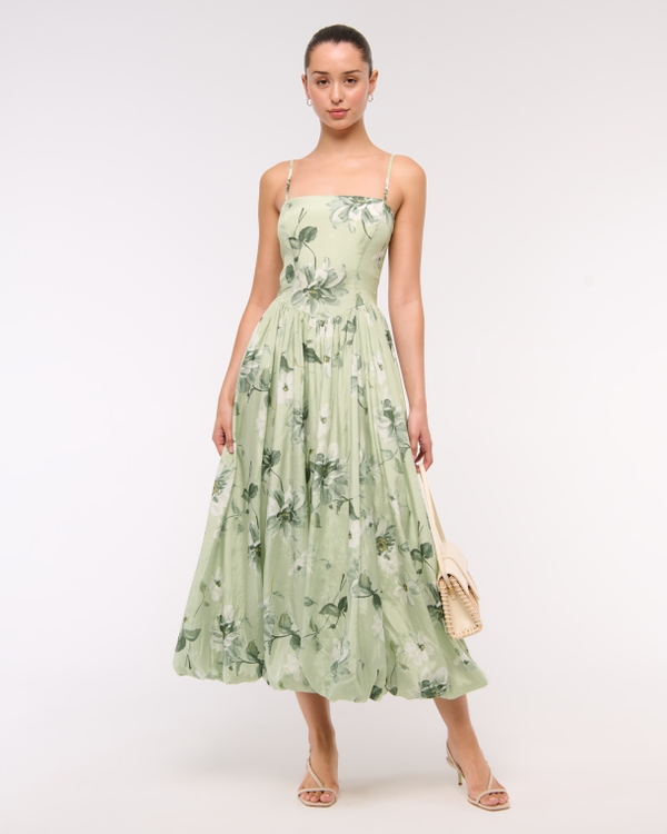 Dipped-Waist Bubble Hem Midi Dress, Green Floral view 1