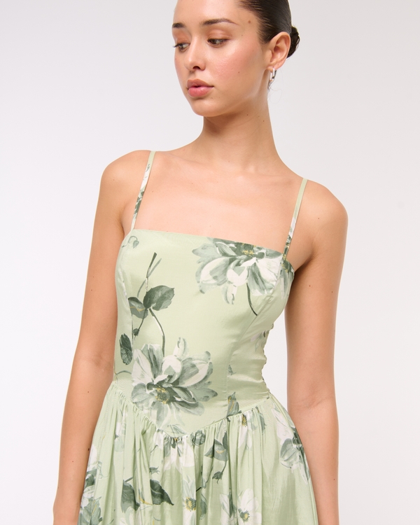 Dipped-Waist Bubble Hem Midi Dress, Green Floral view 2