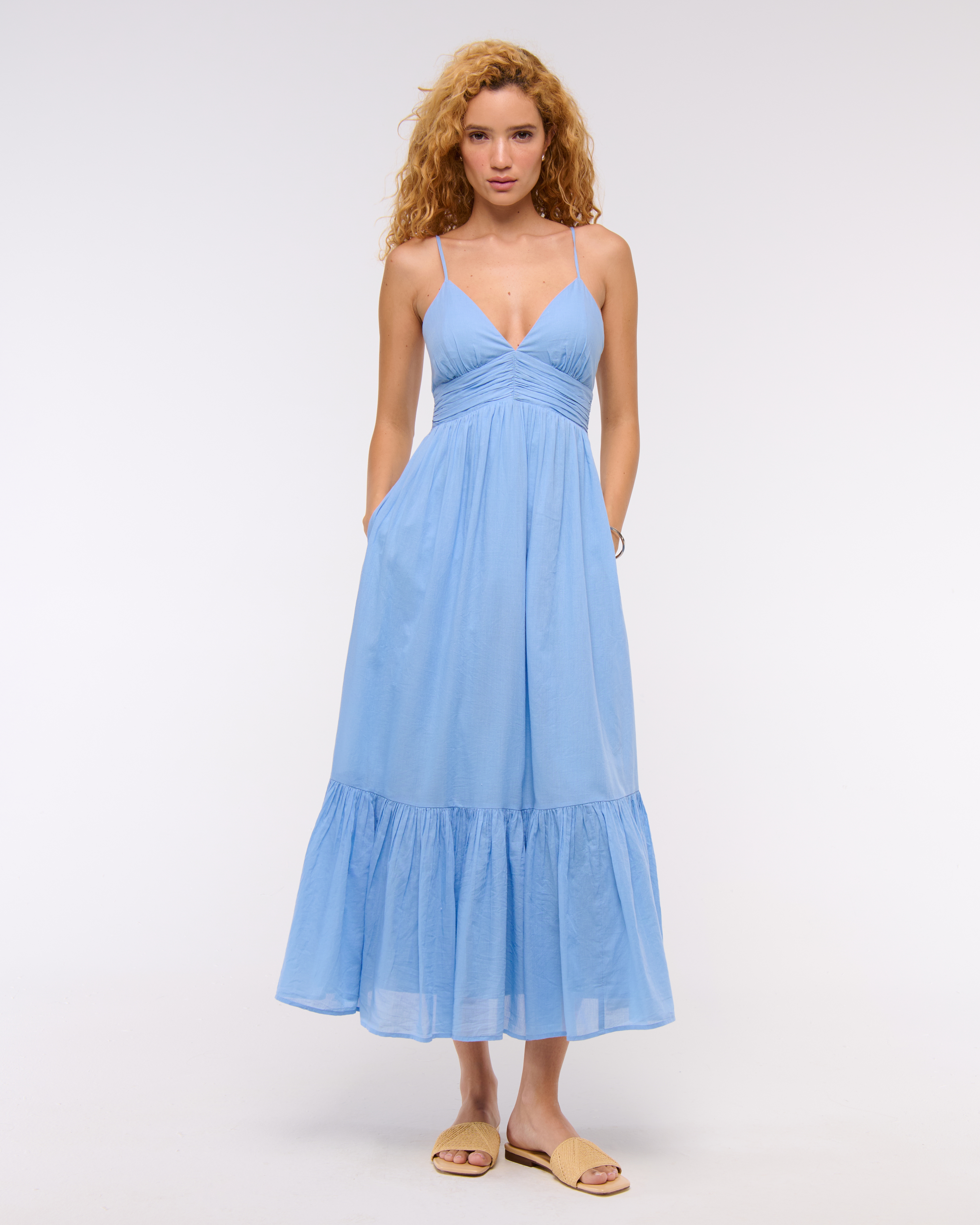 Abercrombie & Fitch Bra-free Flowy Tie-back Maxi Dress In Blue