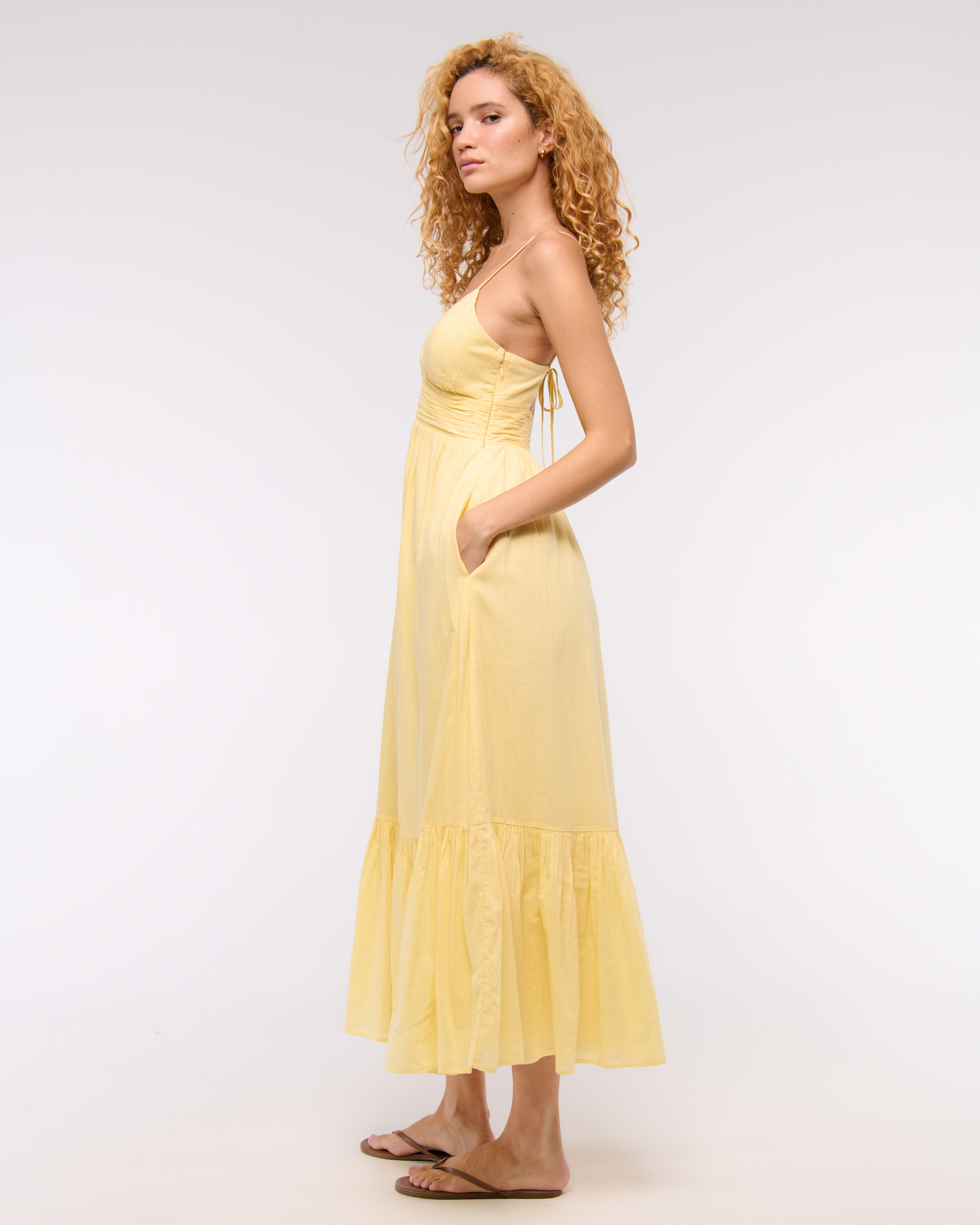 Abercrombie & Fitch Bra-free Flowy Tie-back Maxi Dress In Yellow