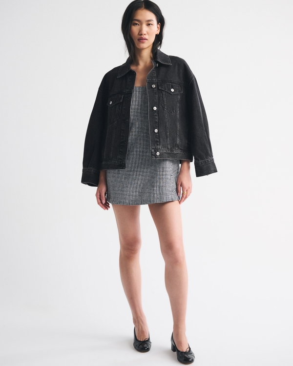 Women's Linen-Blend Button Skort in Black Gingham | Size XS TALL | Abercrombie & Fitch
