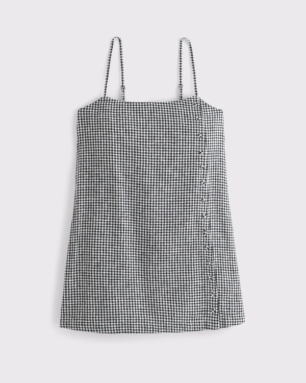 Linen-Blend Button Skort, Black Gingham view 1