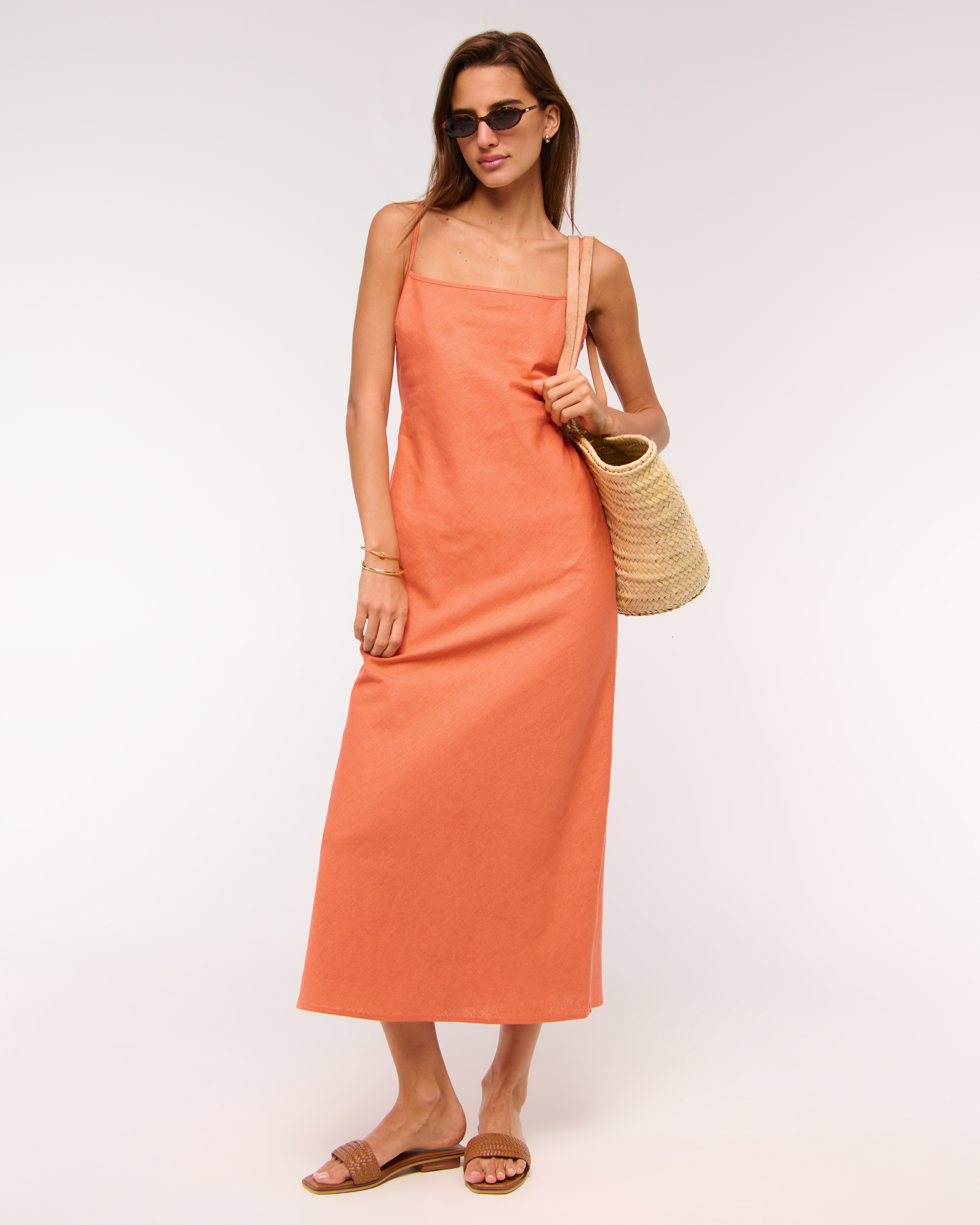 Abercrombie & Fitch The A&f Julia Slip Linen-blend Midi Dress In Orange