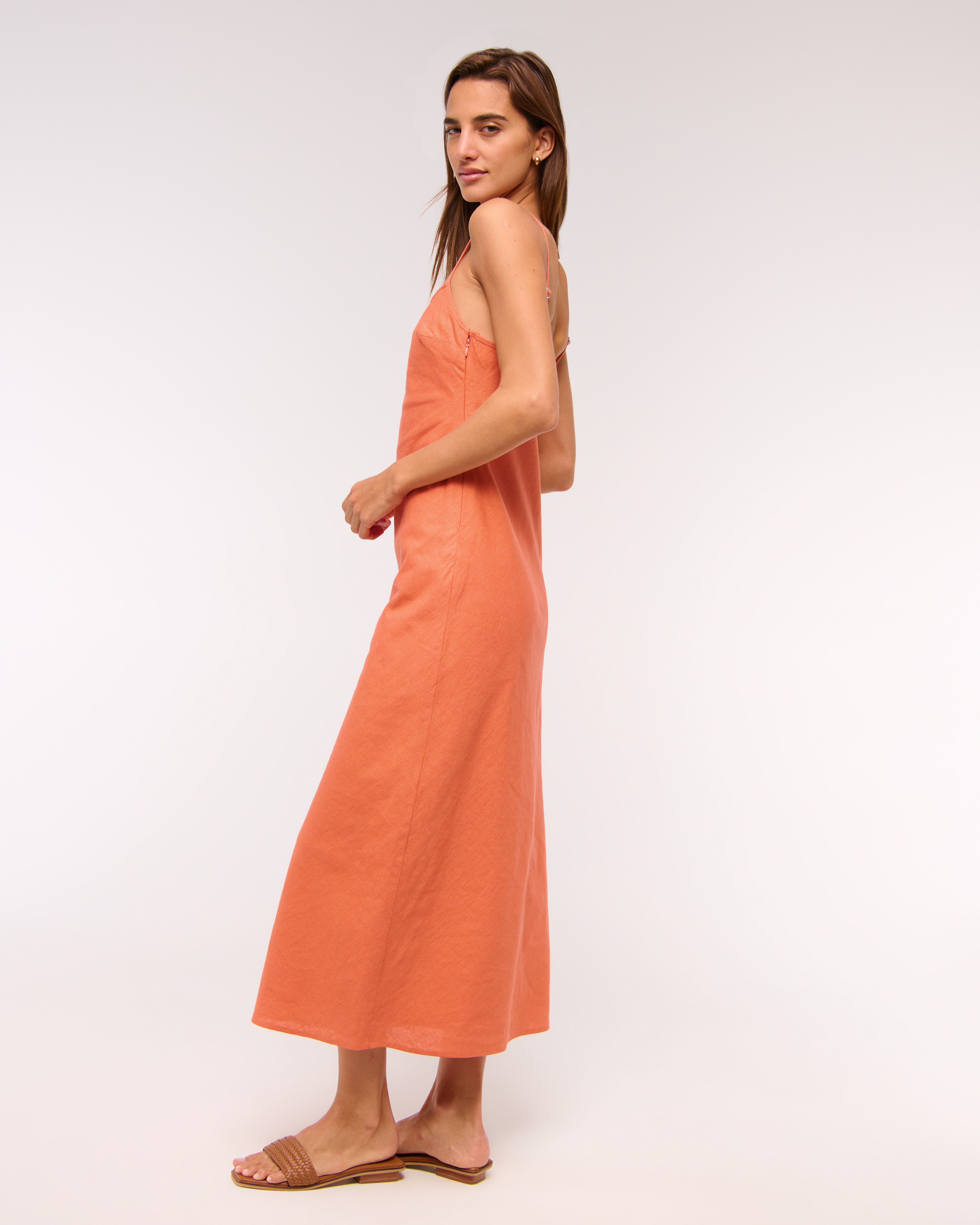 Abercrombie & Fitch The A&f Julia Slip Linen-blend Midi Dress In Orange