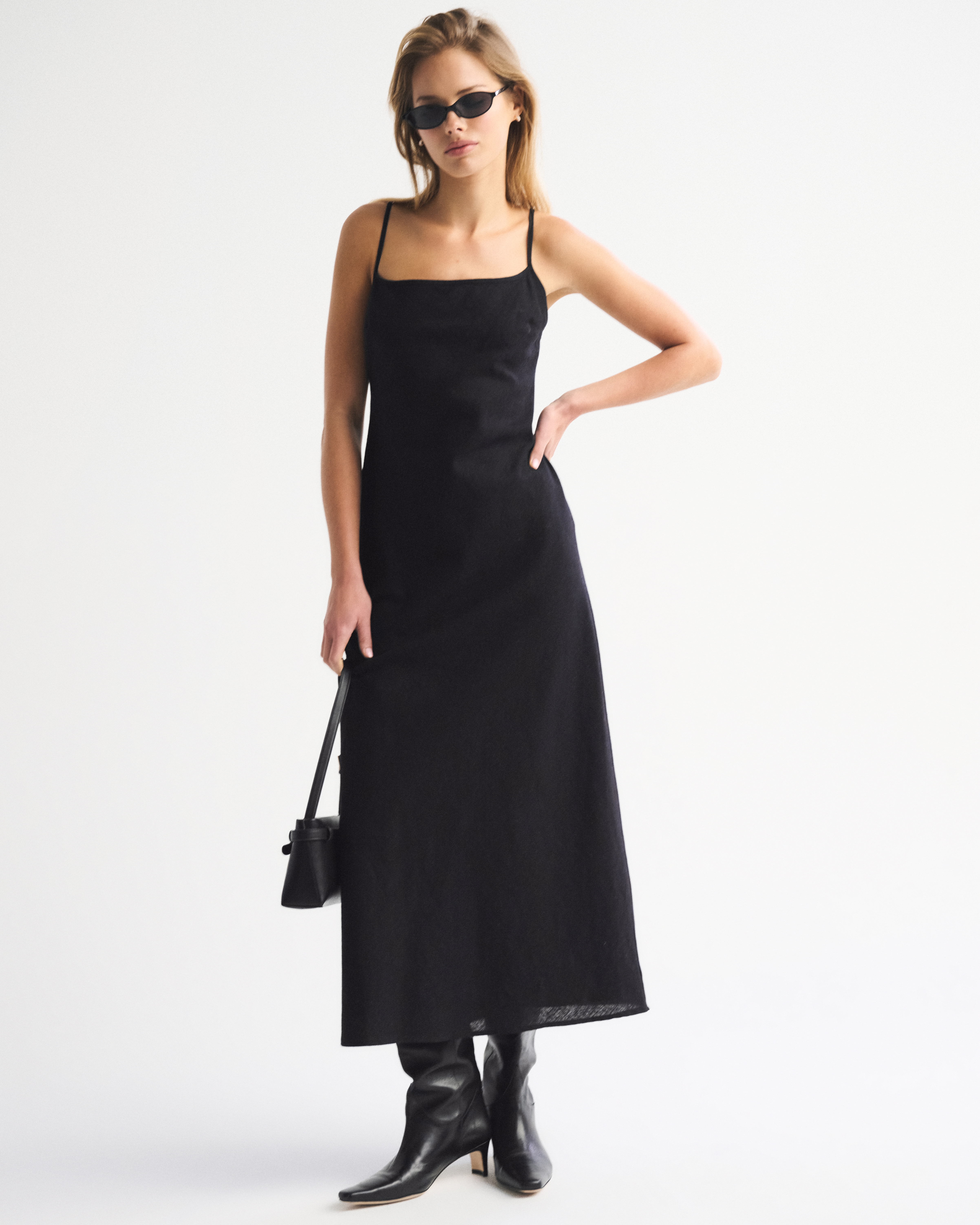 Abercrombie & Fitch The A&f Julia Slip Linen-blend Midi Dress In Black