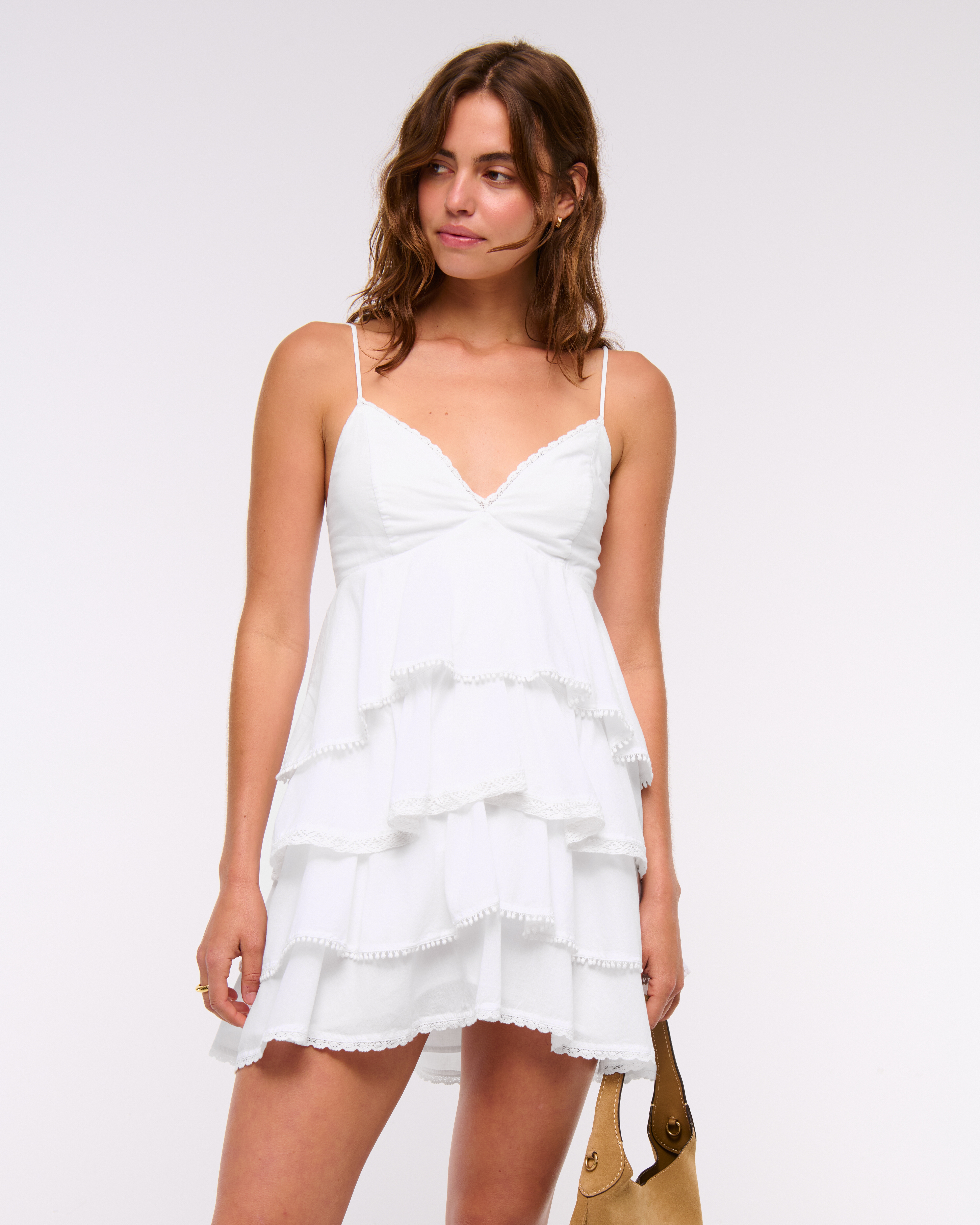 Abercrombie & Fitch V-neck Ruffle Tiered Mini Dress In White