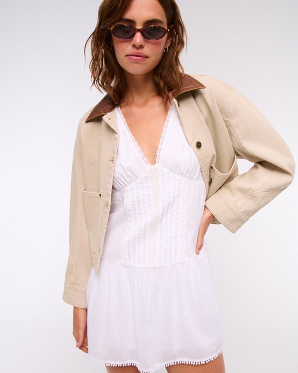 V-Neck Lace-Trim Mini Dress, White view 1