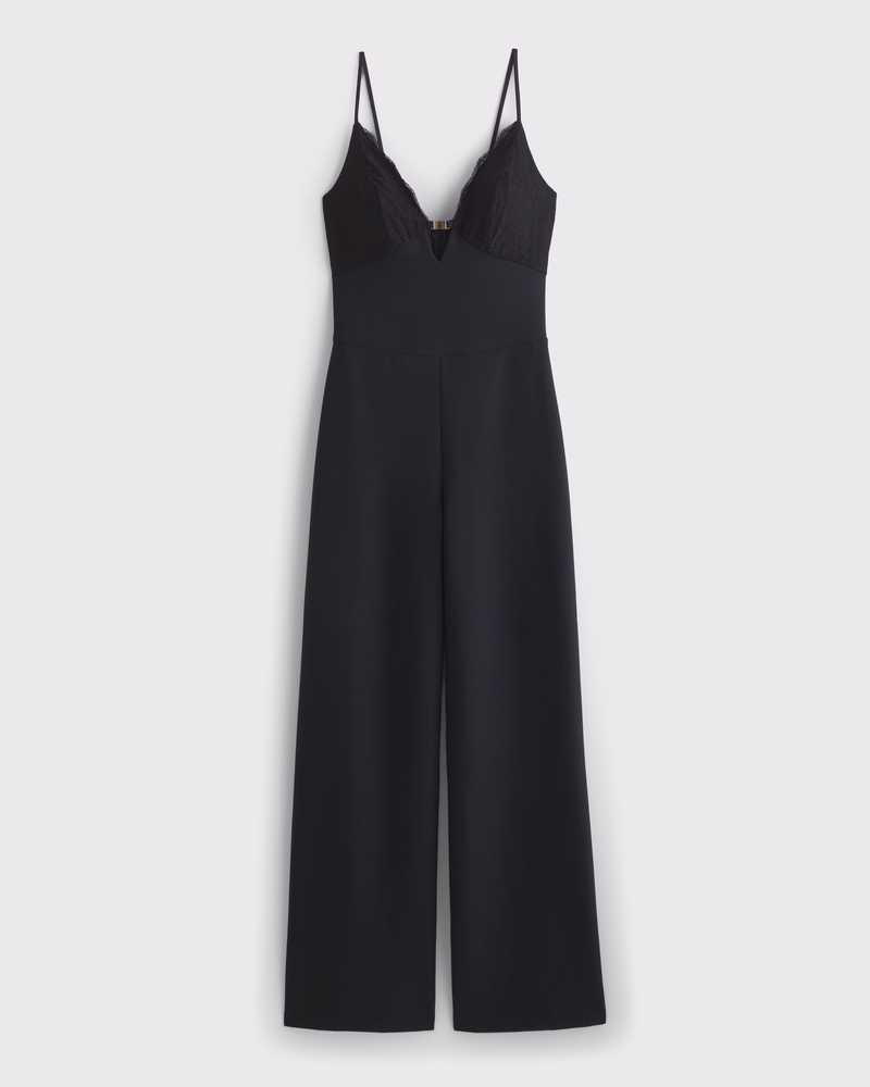 Abercrombie black plunge lace-trim evening wedding guest jumpsuit
