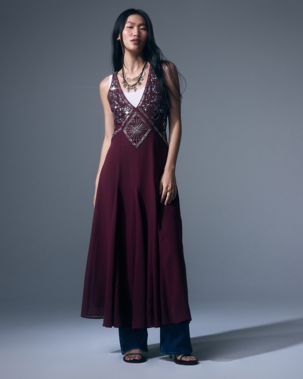 Beaded Plunge Maxi Dress, Red Wine view 1