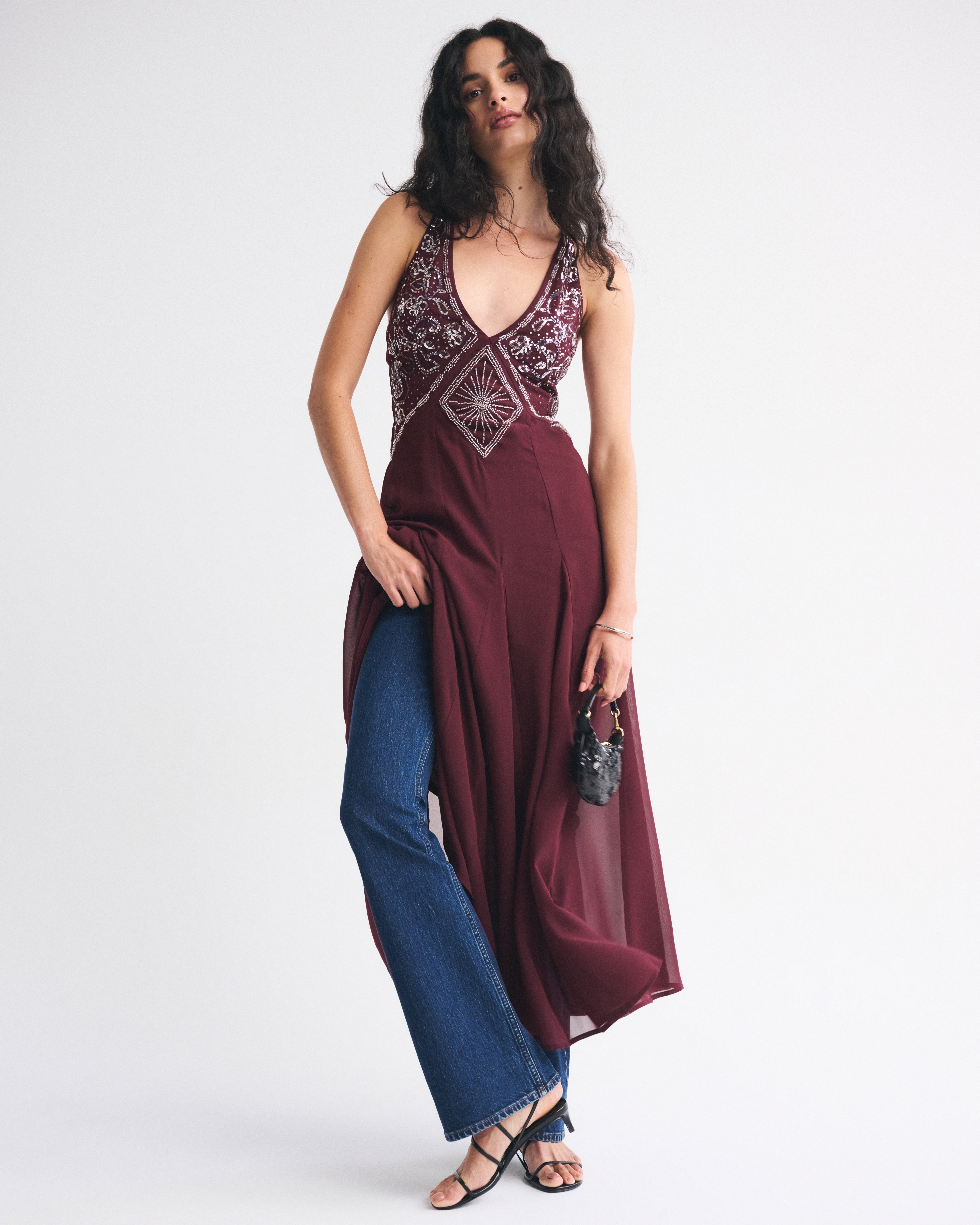 Abercrombie & Fitch Beaded Plunge Maxi Dress In Burgundy